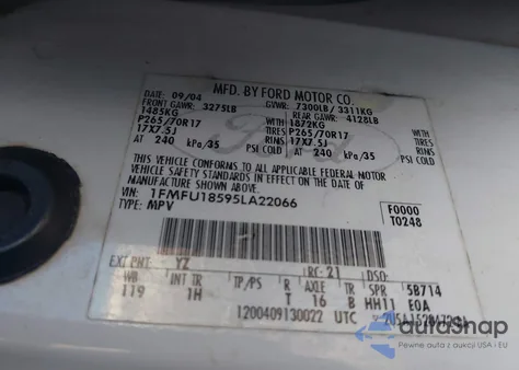 2005 Ford Expedition Eddie Bauer/King Ranch z USA, uszkodzony, nr VIN 1FMFU18595LA22066